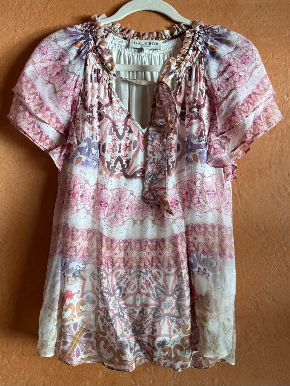 Hale Bob Pink Paisley Silk Blend Flutter Sleeve Boho Blouse Small